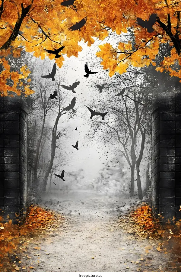 Autumn Forest Path with Flying Birds