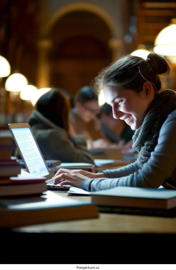 A female student is using a laptop in the library