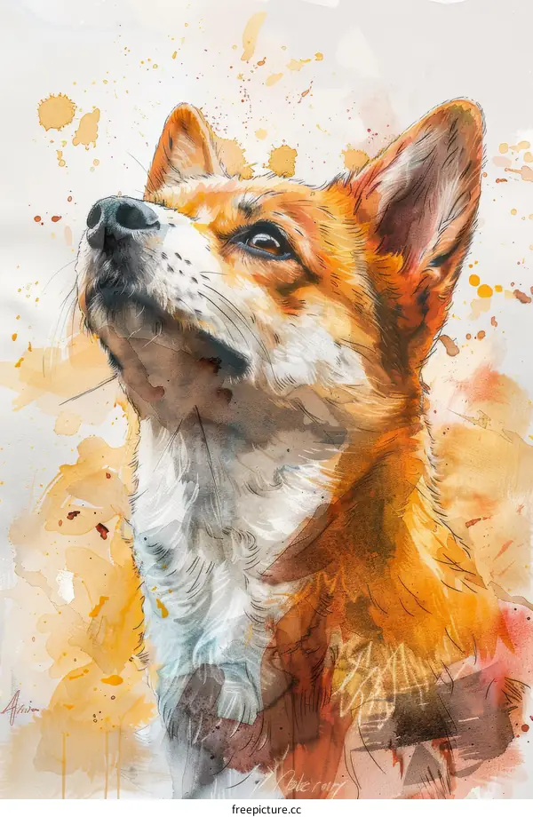 Watercolor painting of a dog looking up