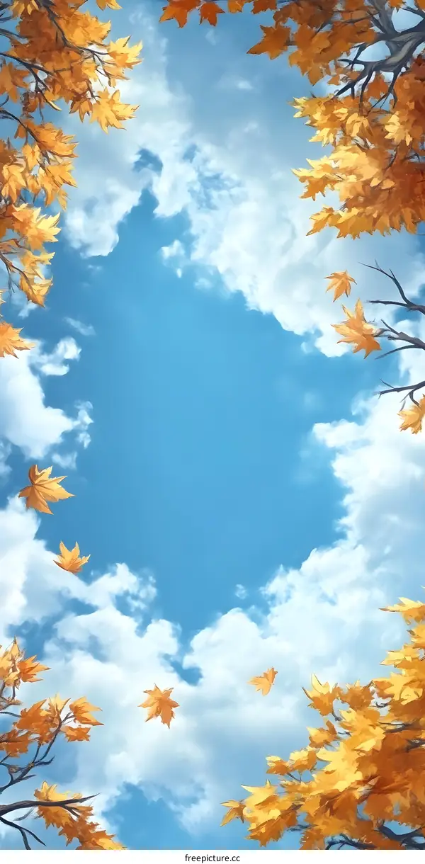 Autumn Leaves Falling From Branches Against Blue Sky