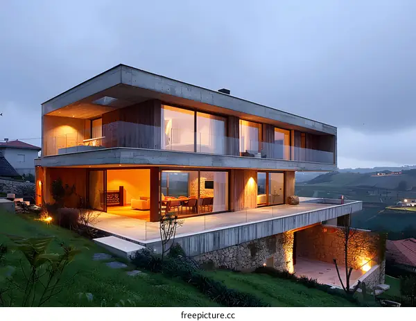 Modern Concrete House With Large Windows And A Balcony