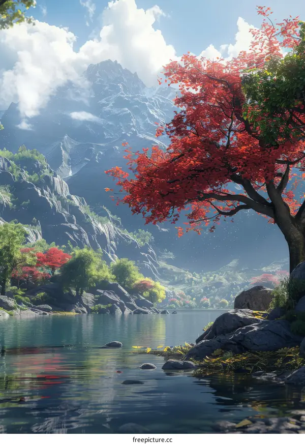 Crimson Tree by the Lake in Mountain Valley