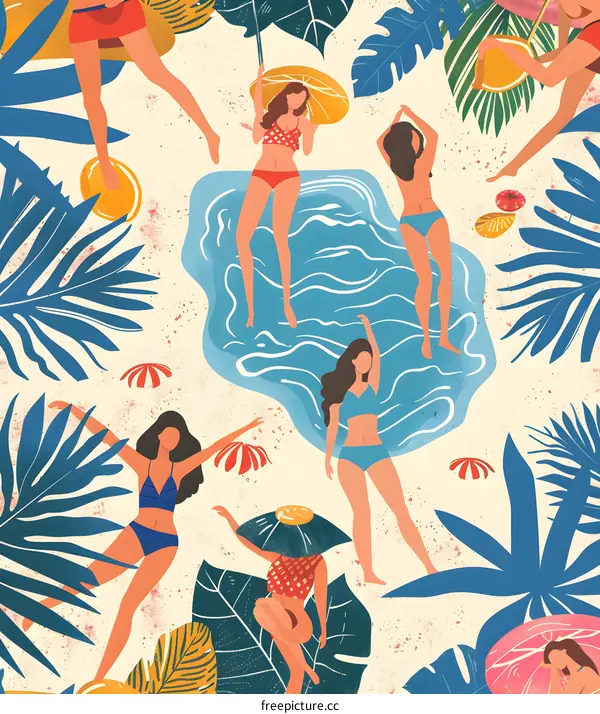 Summer Beach Illustration with Tropical Plants and Women in Swimsuits