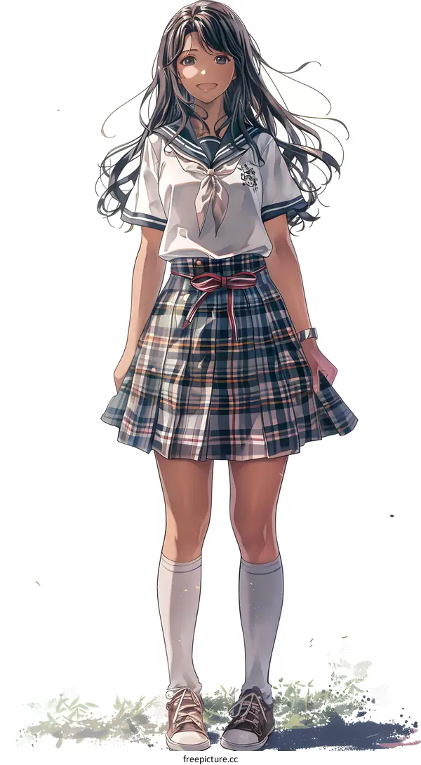 A Japanese school girl with long brown hair wearing a summer uniform