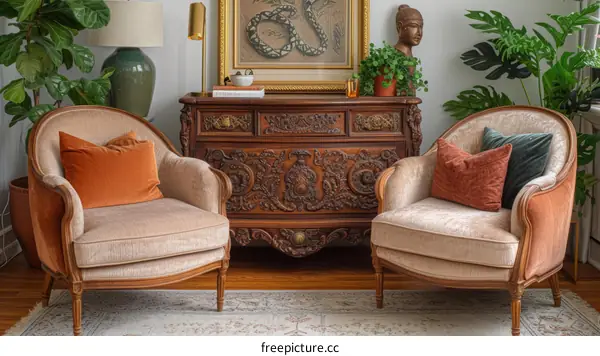 Elegant living room with two armchairs and a dresser