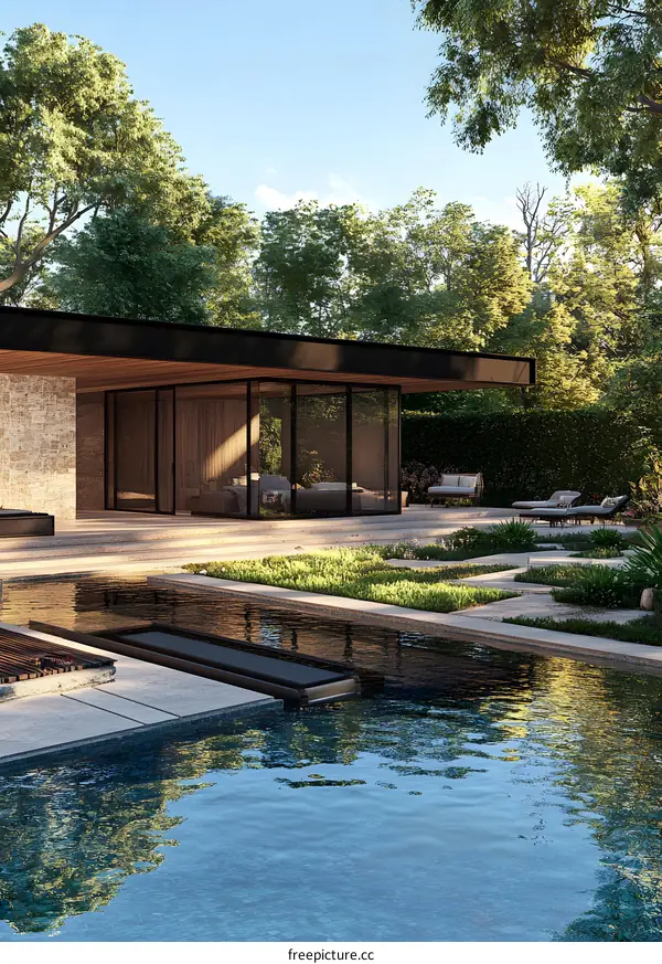 Modern Architecture Backyard with Swimming Pool and Trees