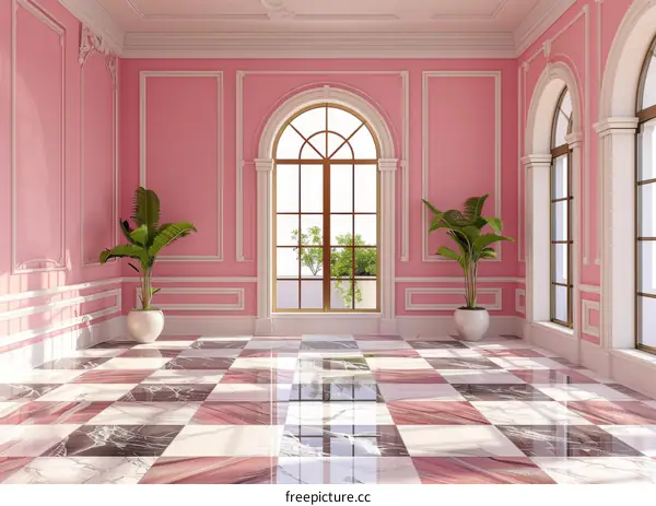 Pink room with pink marble floor tiles and arched floor-to-ceiling windows