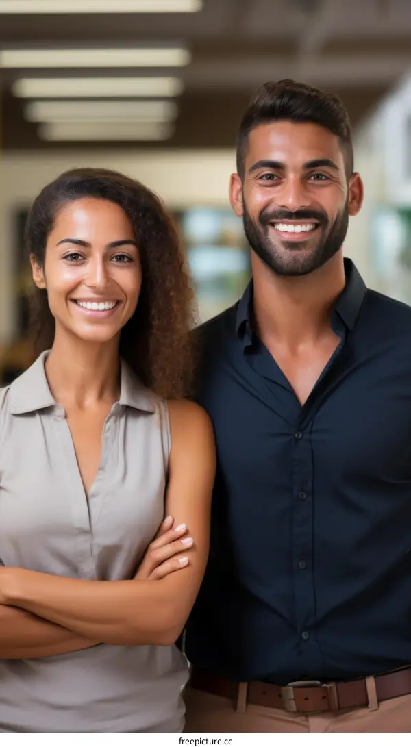 Smiling man and woman standing together