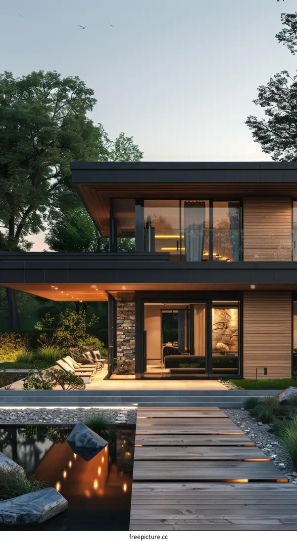 Modern Wooden House Exterior Design with Patio and Pond