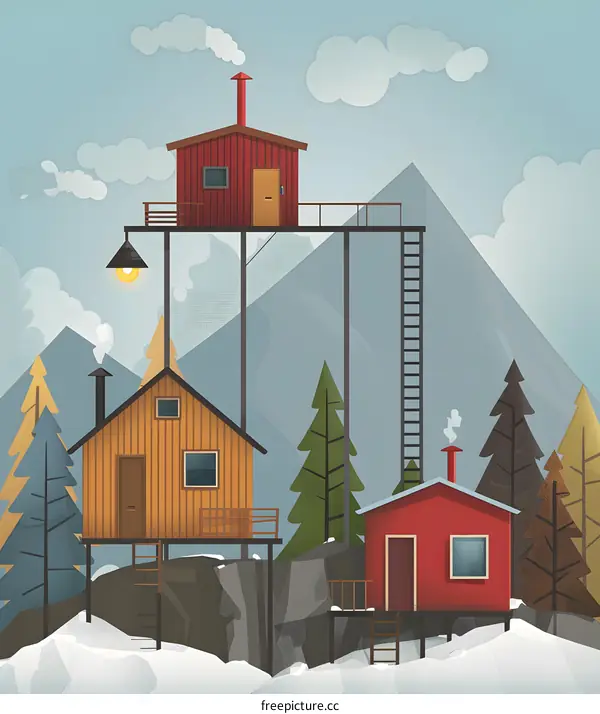 Winter Mountain Cabin Illustration