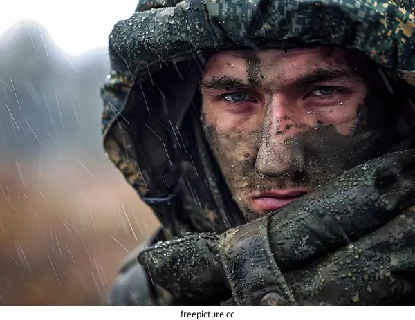 Portrait of a young soldier with face paint and a hood