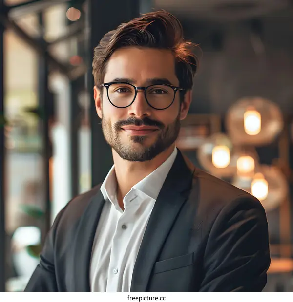 Smiling Businessman Wearing Glasses and Suit