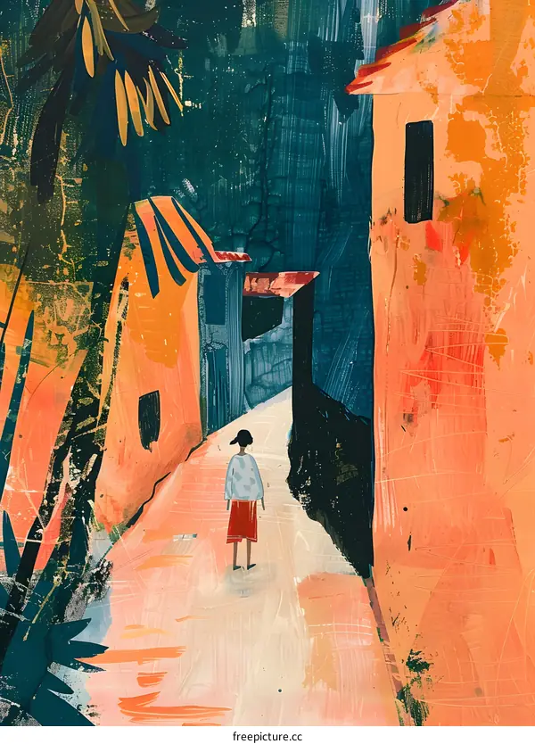 Abstract Painting of Woman Walking Down Street in Village