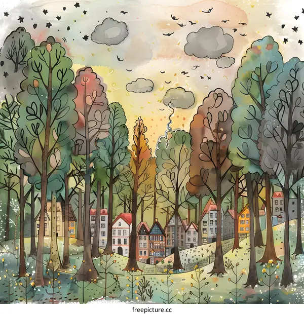 Watercolor Illustration of a Forest Village