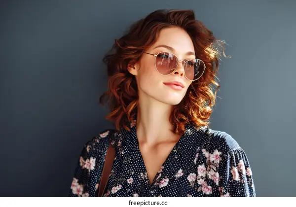 Stylish Woman with Curly Red Hair and Sunglasses