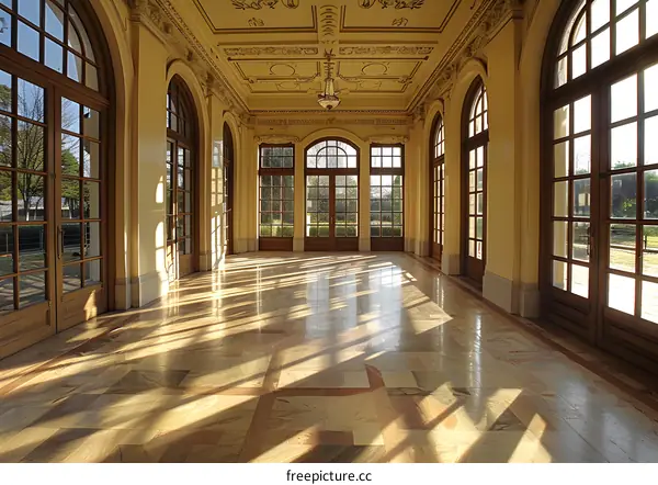 ornate sunlit room with marble floor and arched windows