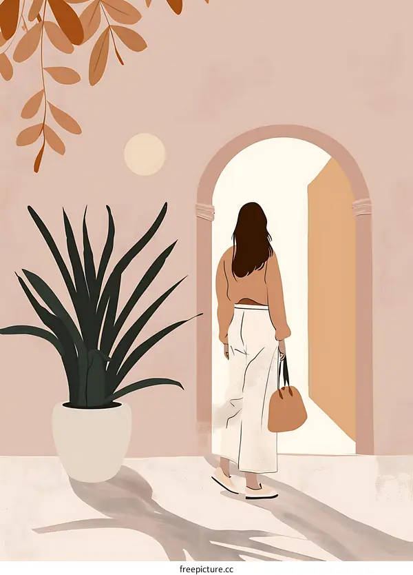 Woman Standing in Archway With Bag Looking at the Light