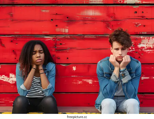 Sad Couple Sitting In Front of Red Wall