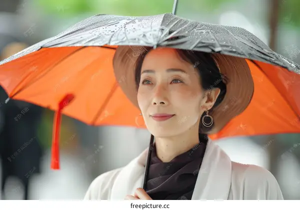 A woman in a kimono holding an orange umbrella