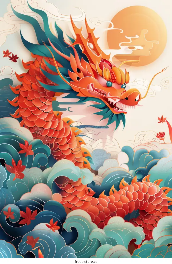 Red and Blue Asian Dragon Flying Up from an Ocean with a Full Moon in the Background