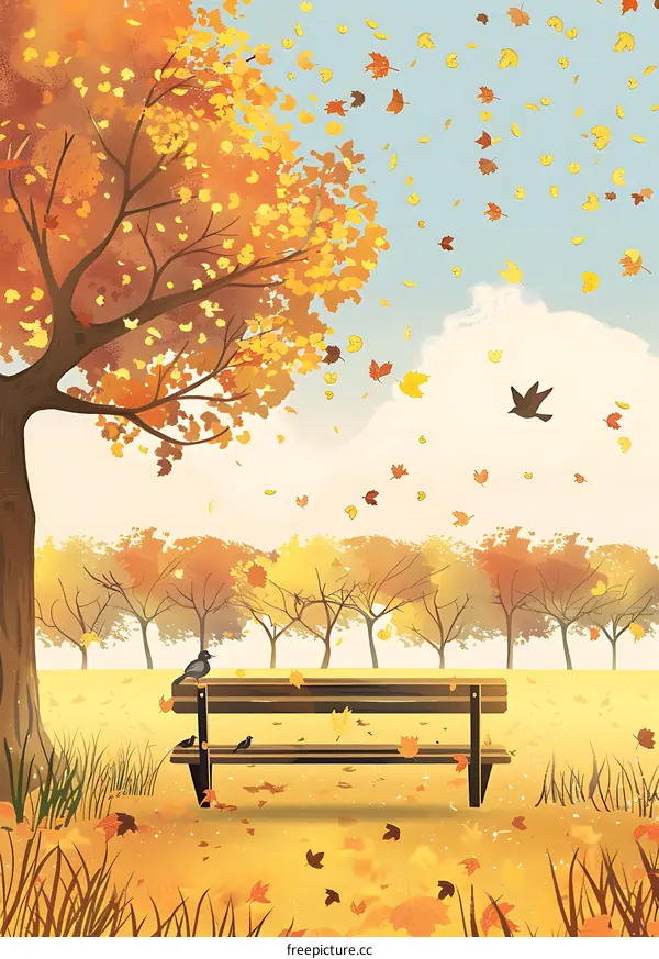 Autumn Leaves Falling on a Bench in a Park