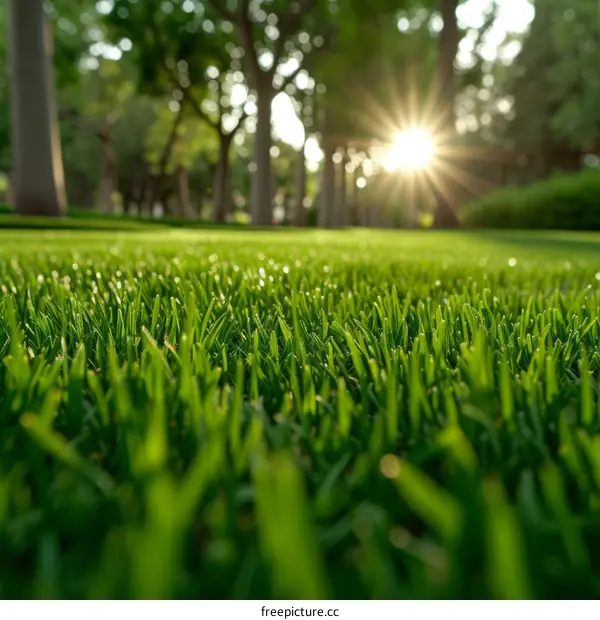 Close-up of green grass field with sunlight in the background