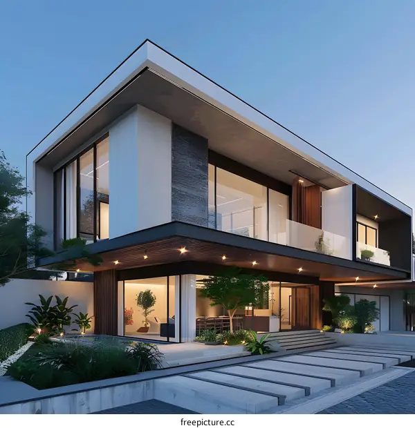 Modern House Exterior Design with Balcony and Landscape