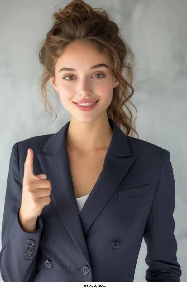 Young woman in a suit giving a thumbs up