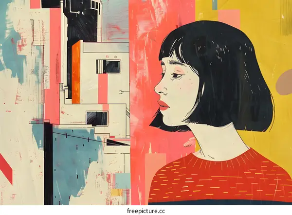 Woman Looking at Abstract Building Illustration