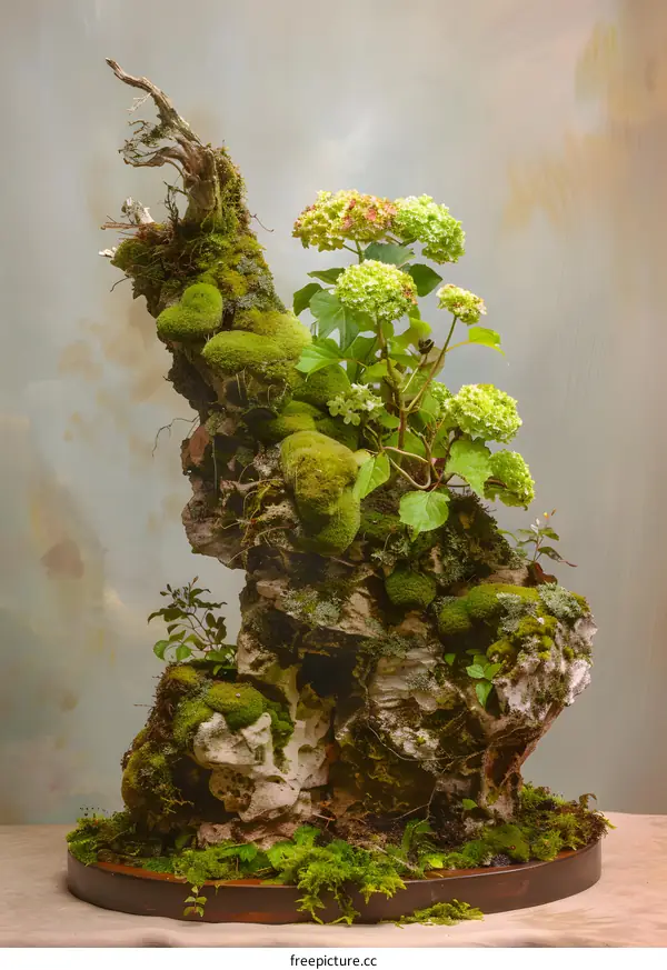 Closeup of Green Moss Covered Rock and Tree