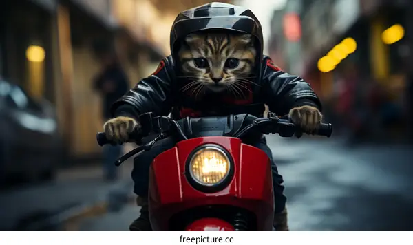 Kitten in Biker Jacket Riding Motorcycle