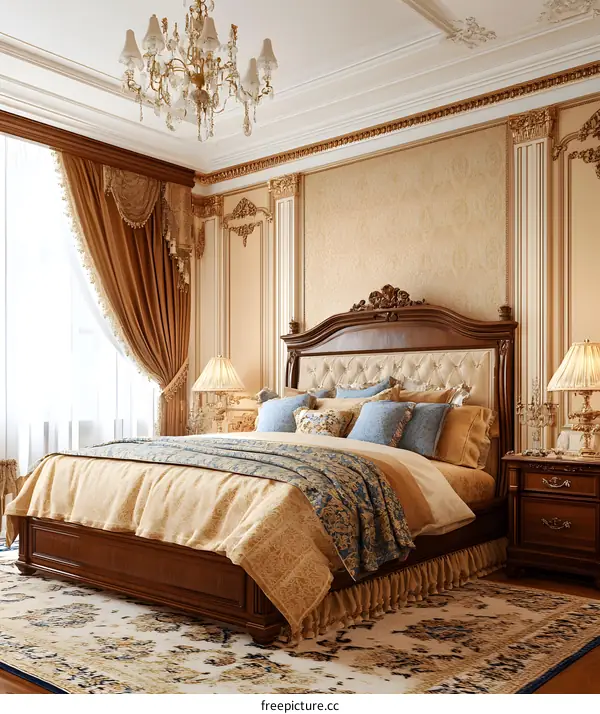 Luxury Bedroom Interior Design with Ornate Headboard and Chandelier