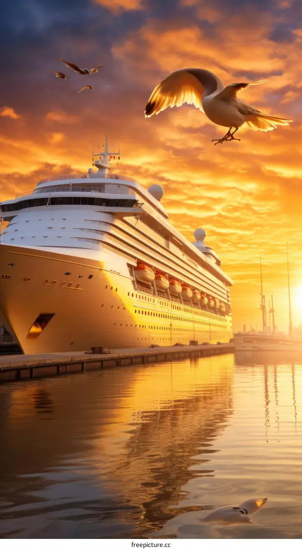 A large white cruise ship is docked at a port with a beautiful sunset in the background