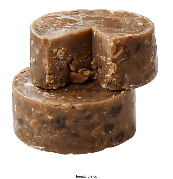 [Transparent Background PNG]Two round oatmeal and chocolate cookies stacked on a white background with one cookie broken into two pieces