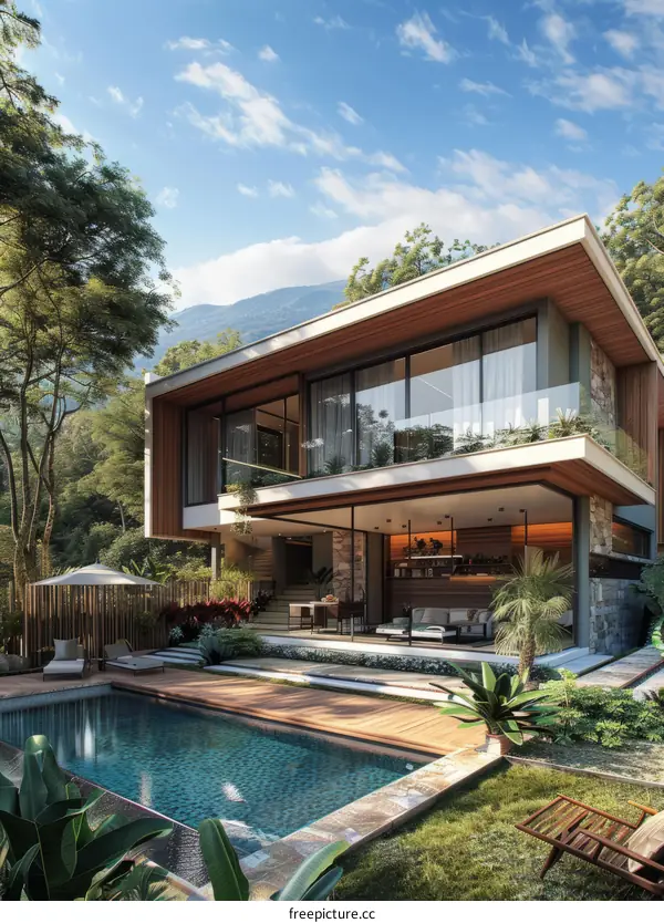 Modern House Exterior Design with Pool and Mountain Views