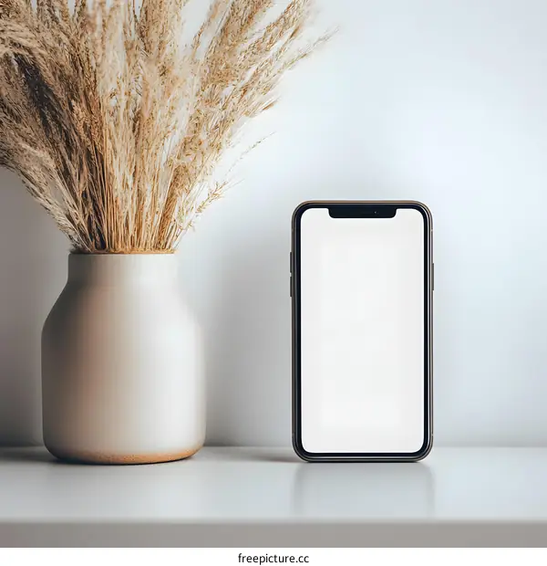 Blank Smartphone Screen Mockup With Vase Of Dried Grass