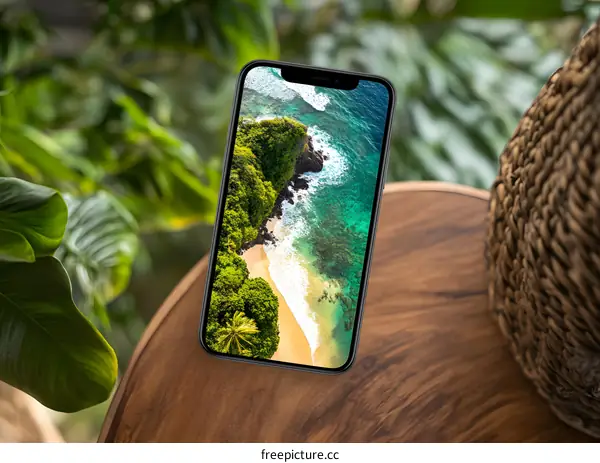 Smartphone Displaying Tropical Beach Landscape