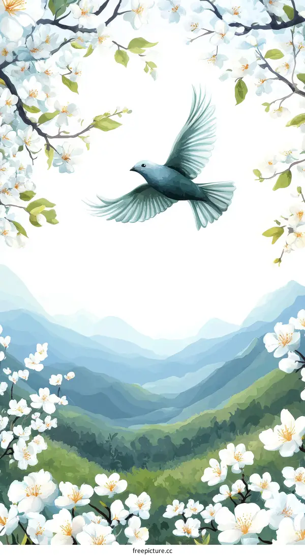 Spring Bird Flying over Mountain Flowers