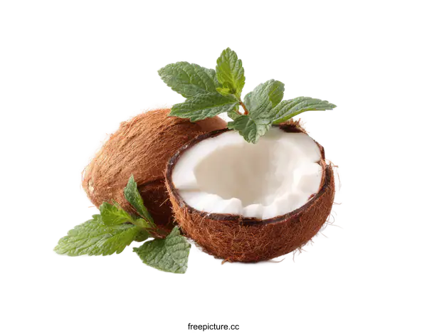 [Transparent Background PNG]Fresh Coconut with Mint Leaves