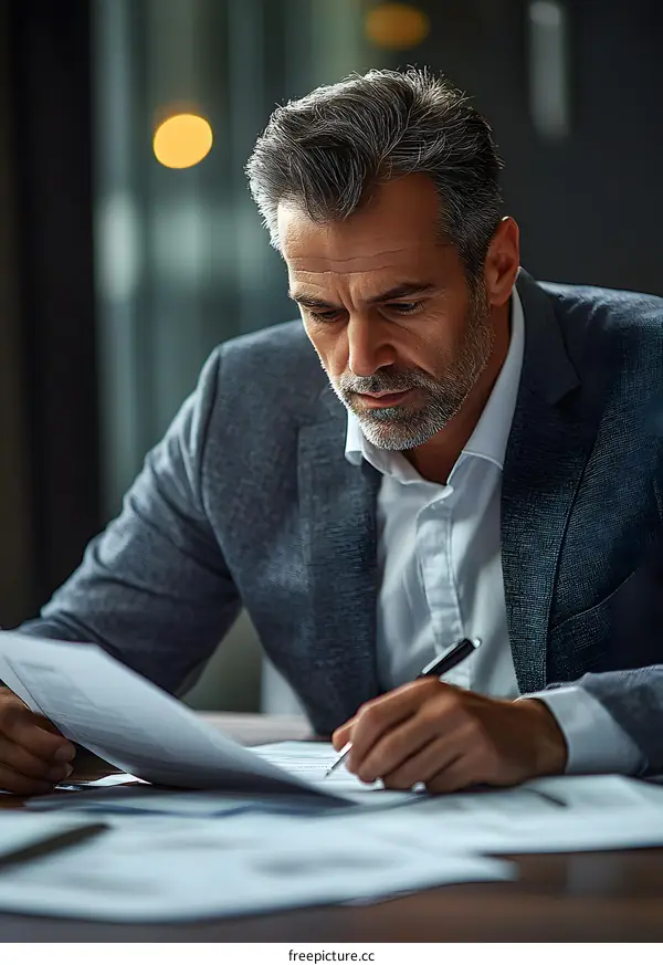 Businessman Working On Documents At Desk In Office