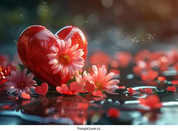 Red Heart Adorned with Dewdrop and Pink Daisies Floating on Water