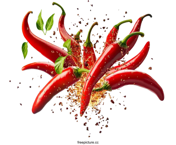 [Transparent Background PNG]Red Chili Peppers Splashing with Spices