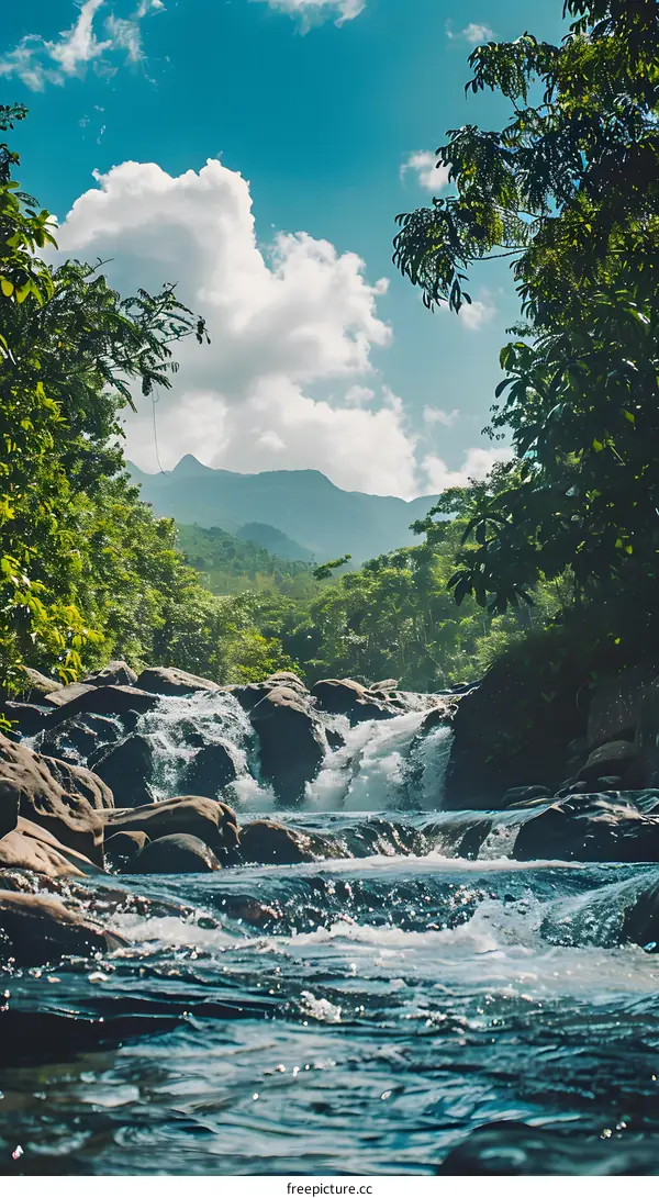 Tropical Landscape with River Flowing Through Lush Green Mountains