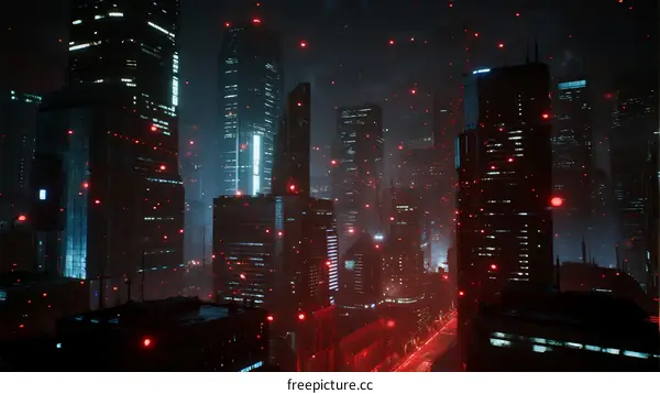 Futuristic Cityscape with Floating Red Dots at Night
