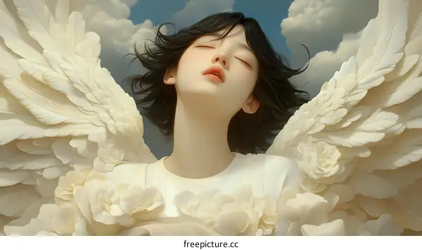 Angel with White Feathers and Flowers