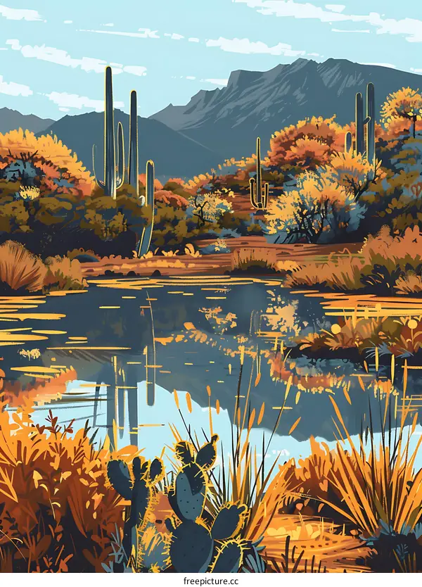 Desert Landscape With Cactus and Reflection