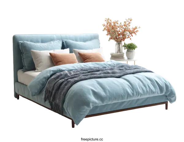 [Transparent Background PNG]Modern Light Blue Linen Bed Set with Accessories