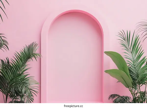 Pink Wall With Archway And Tropical Leaves