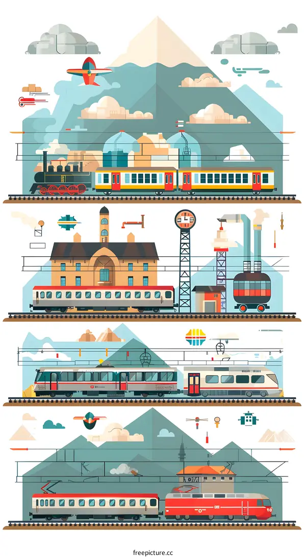 Train Station Illustration With Different Types Of Trains