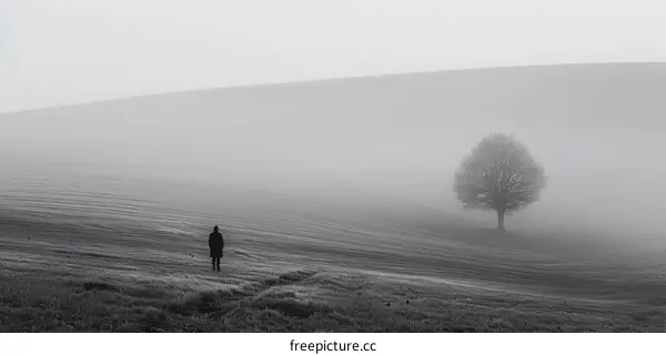 Black and white photo of a lonely person in a foggy field with a tree